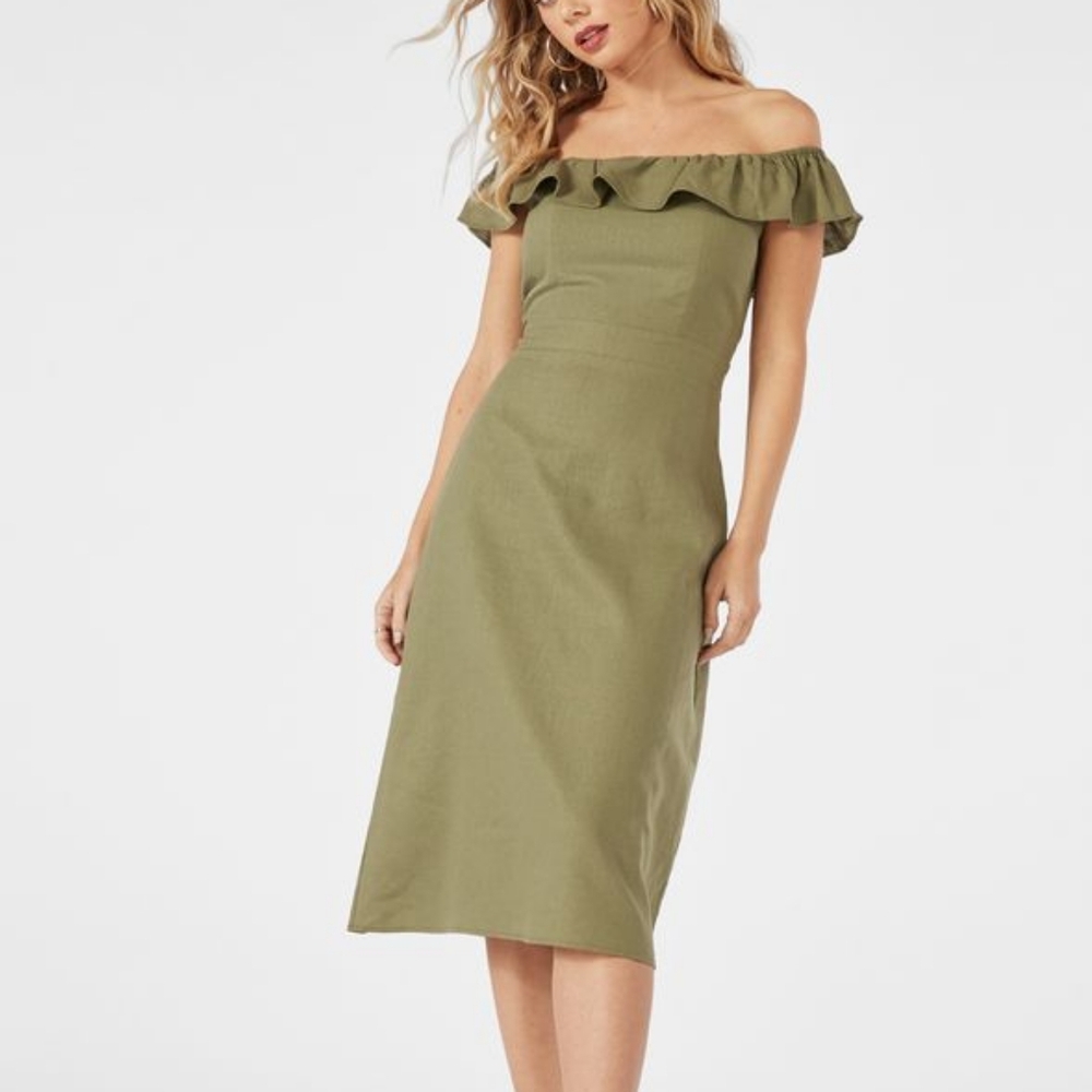 JustFab Off‎ The Shoulder Linen Midi Dress Olive